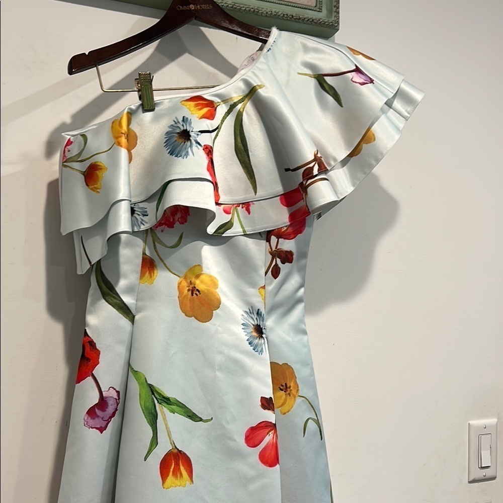 True Violet Sateen Garden floral powder blue Ruffled One Shoulder Sundress 10 - Picture 7 of 12